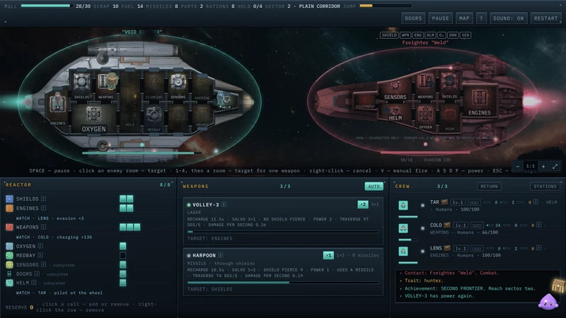 Void Courier: two ships in battle, with the reactor, guns and crew below