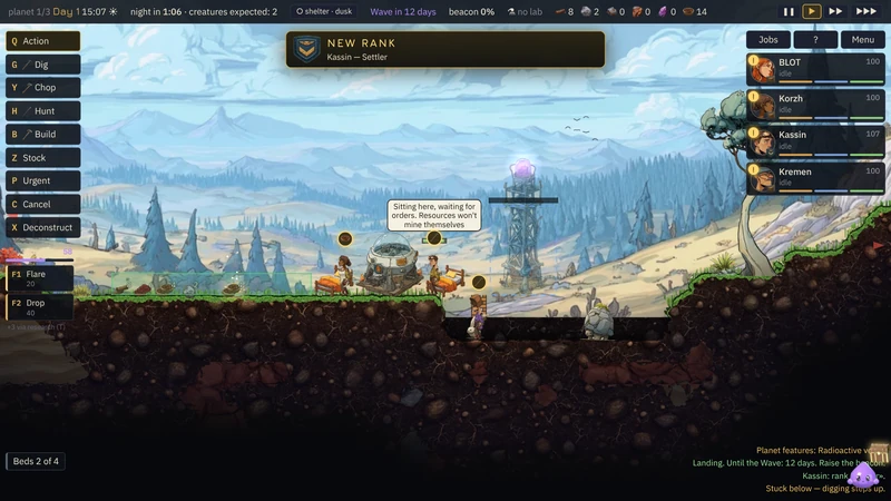 Outpost: colonists digging and building by the landing capsule
